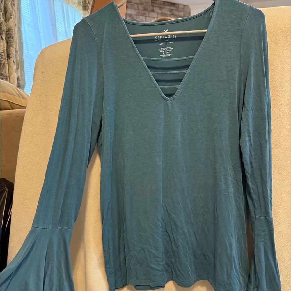 Soprano Teal V-Neck Bell Sleeve Blouse